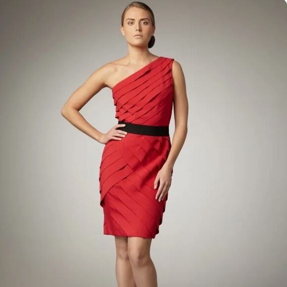 Tadashi Shoji Cherry Red One Shoulder Tiered Jersey Midi Dress Size XL - Picture 1 of 8